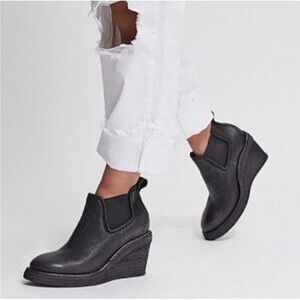 AS98  Talen Black Leather Wedge Ankle Boots Chelsea Pull On Platform Womens 37
